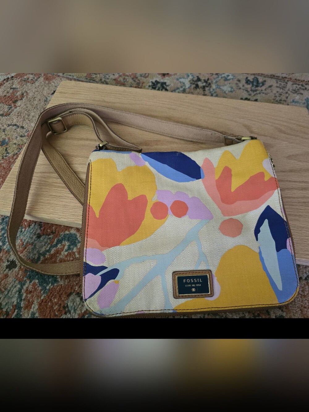 Fossil Canvas Floral Crossbody Bag in Multi Color with Tan Strap